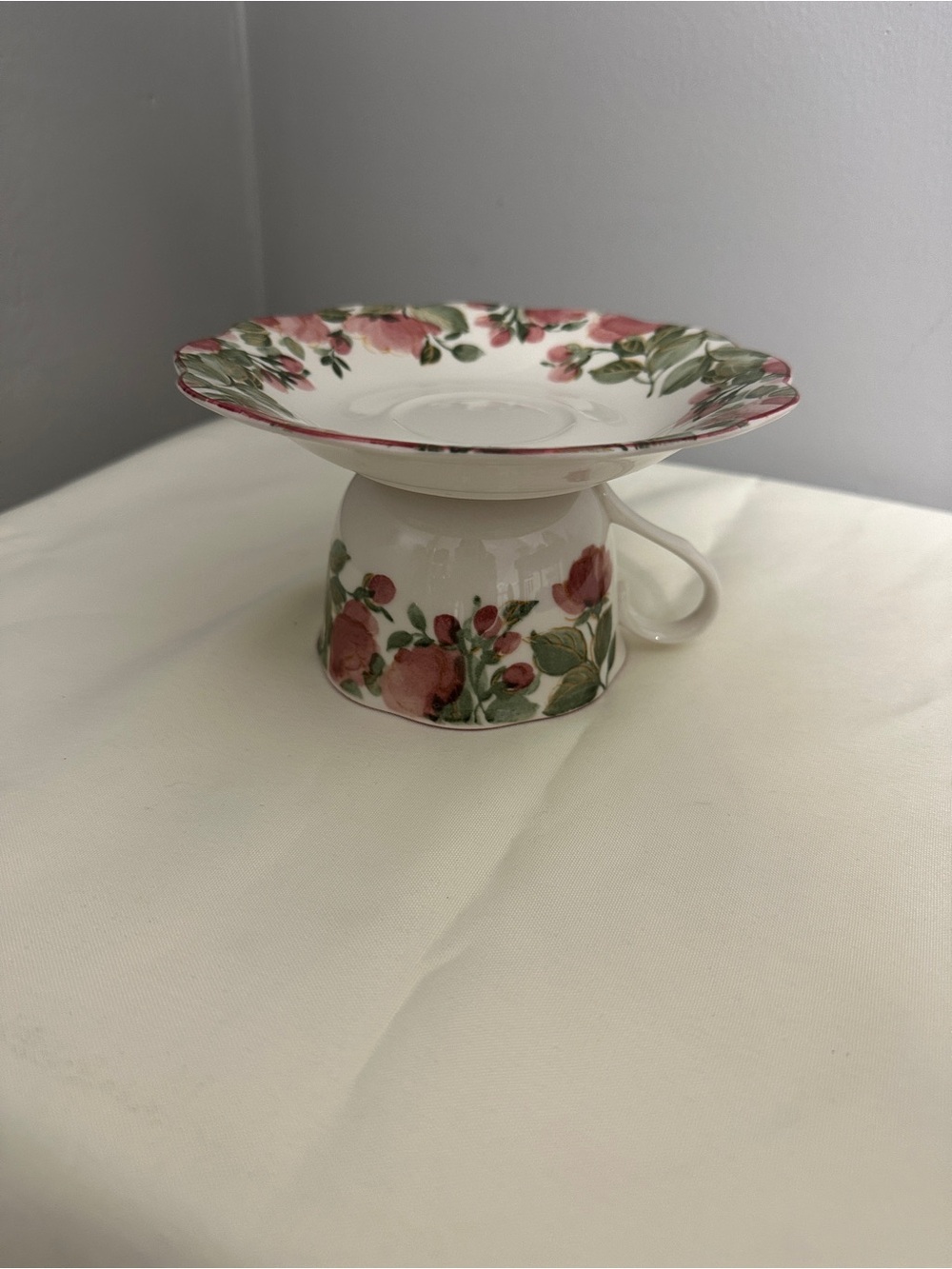 Floral Pink and Green Teacup Pedestal Plate